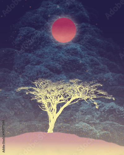 tree in the night moon abstract image of tree with red sun