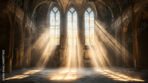 Dramatic Tyndall effect with sunlight piercing through the windows of an old cathedral, casting beams of light across the dusty interior, highlighting its ancient and mysterious atmosphere.