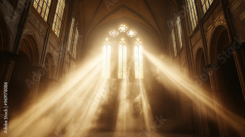 Dramatic Tyndall effect with sunlight piercing through the windows of an old cathedral, casting beams of light across the dusty interior, highlighting its ancient and mysterious atmosphere.