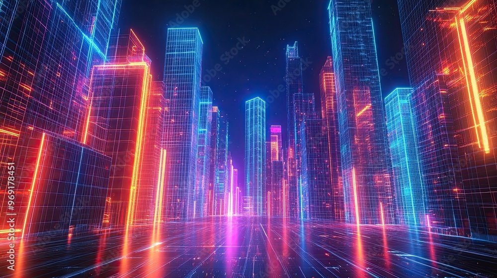 64 64. Neon wireframe cityscape with glowing buildings and streets, set against a dark, starless night 64 64. Neon wireframe cityscape with glowing buildings and streets, set against a dark, starless night