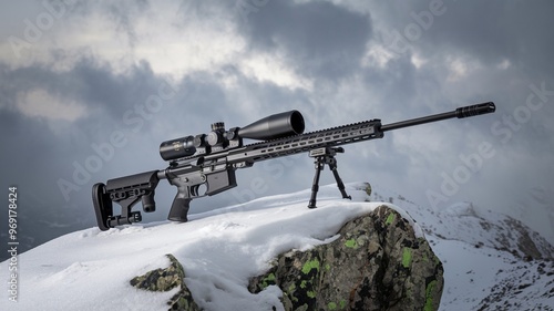 Long-Range Rifle with Scope on Snowy Mountain Peak photo