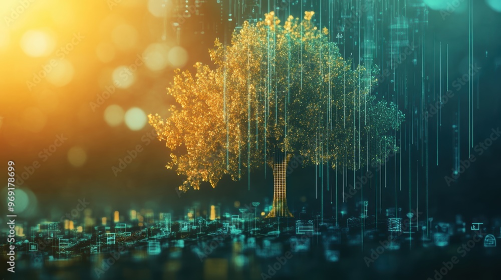 Fototapeta premium Digital Tree in a Futuristic Cityscape