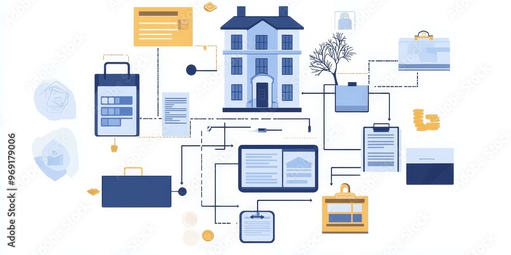 Connected icons represent a house sale process. Connected icons represent a house sale process.