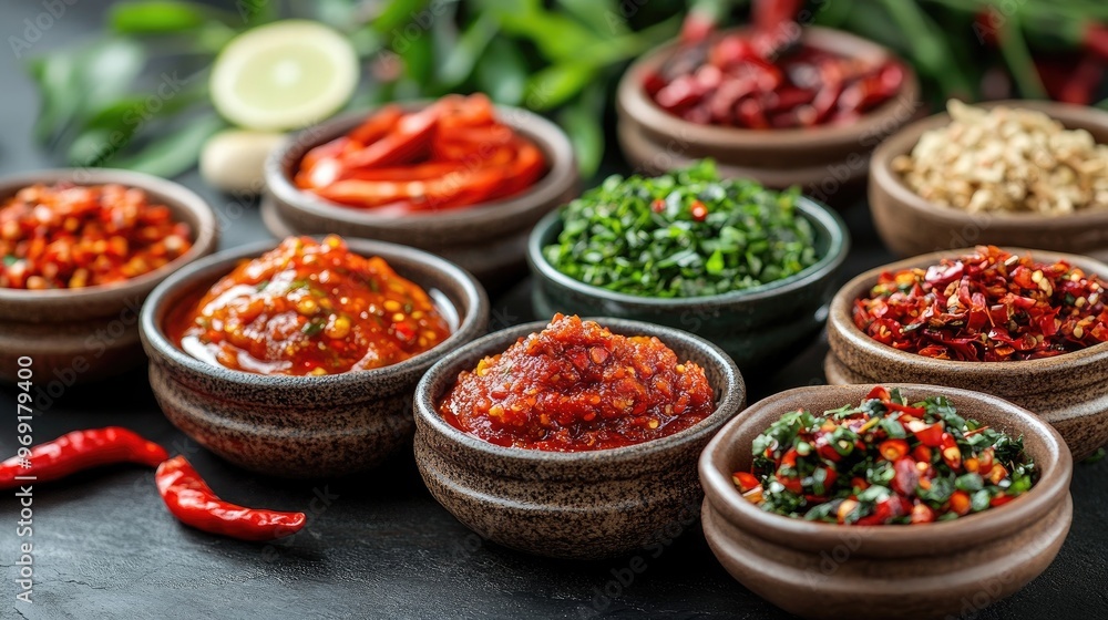 A vibrant display of various chili pastes in small bowls, with fresh chilies and spices in the background, capturing the essence of Thai cooking. A vibrant display of various chili pastes in small bowls, with fresh chilies and spices in the background, capturing the essence of Thai cooking.