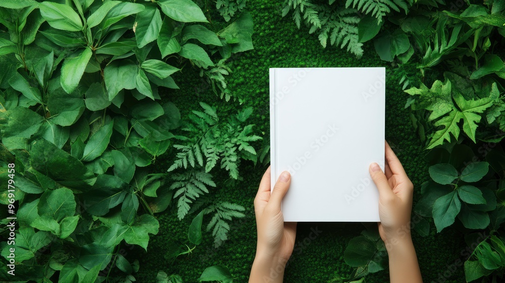 Banner with hand holding closed book mockup on green background in eco style. Template with blank cover about weather, nature, ecology, biology. Space for text. High quality photo with generative ai Banner with hand holding closed book mockup on green background in eco style. Template with blank cover about weather, nature, ecology, biology. Space for text. High quality photo with generative ai