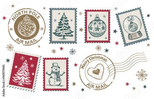 Christmas Stamps, mail, Advent calendar, postcard hand drawn illustrations.	
