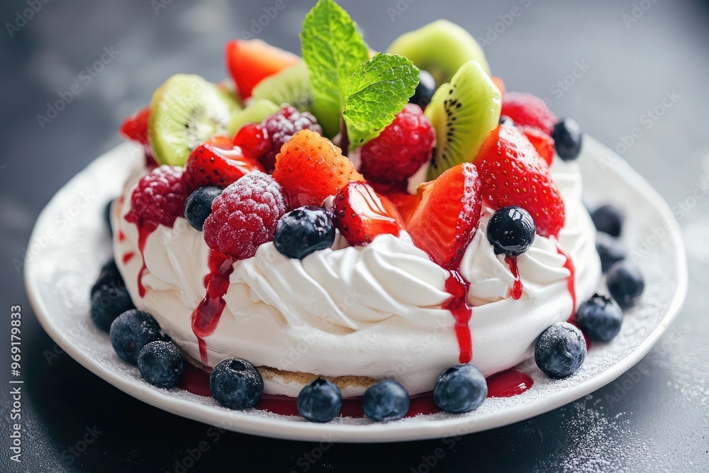 Delicious meringue cake with whipped cream and fresh berries on top Delicious meringue cake with whipped cream and fresh berries on top
