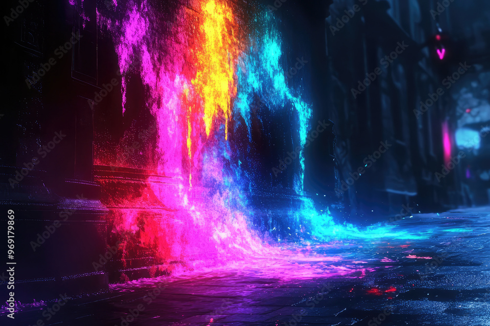 A stunning display of neon-colored water splashes in vibrant shades of yellow, pink, blue, and red cascading dramatically through a dimly lit alley, showcasing abstract urban art. A stunning display of neon-colored water splashes in vibrant shades of yellow, pink, blue, and red cascading dramatically through a dimly lit alley, showcasing abstract urban art.