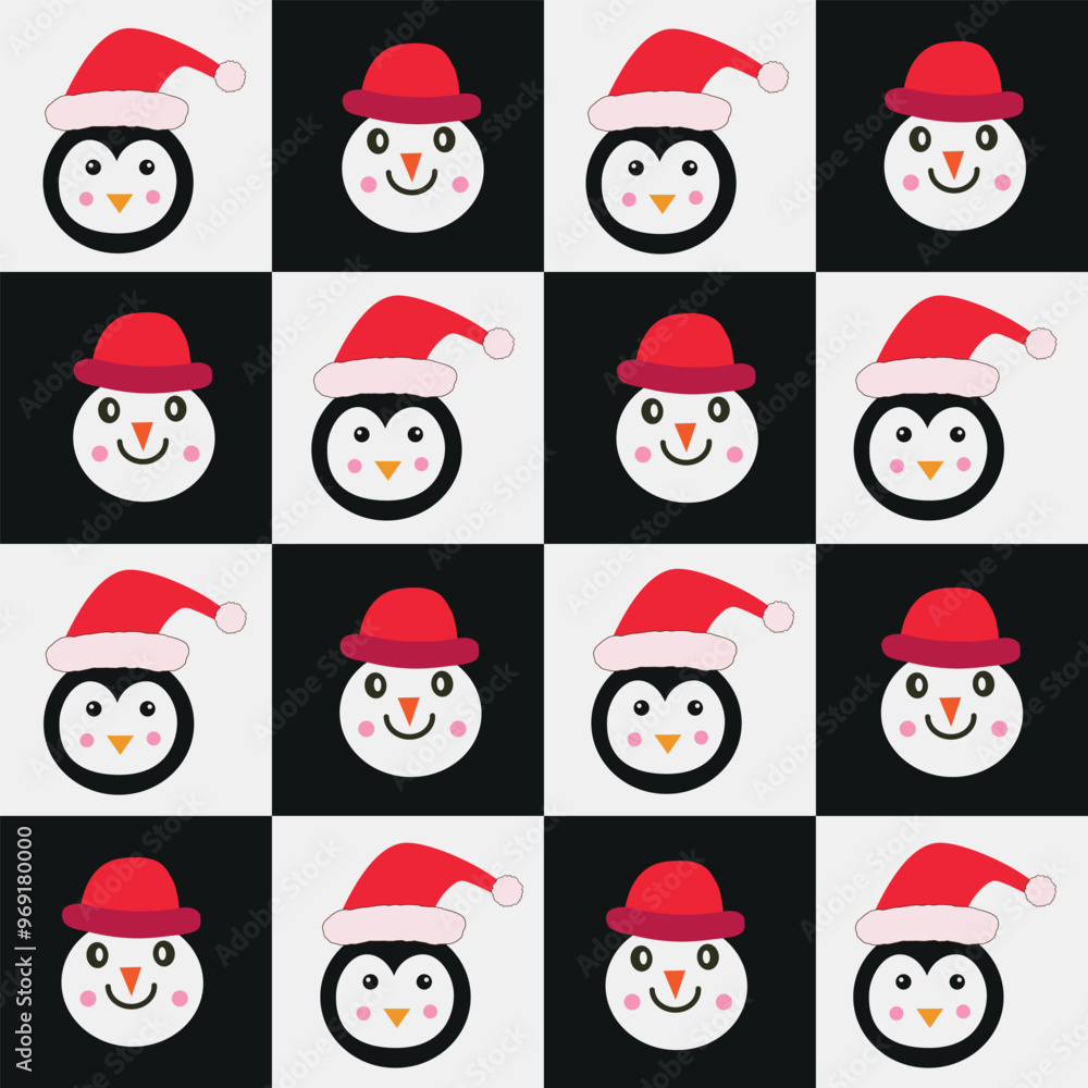 Checkered Christmas snowman and penguin on white and black checkerboards seamless pattern. For wrapping paper, fabric and Christmas cards. Checkered Christmas snowman and penguin on white and black checkerboards seamless pattern. For wrapping paper, fabric and Christmas cards.
