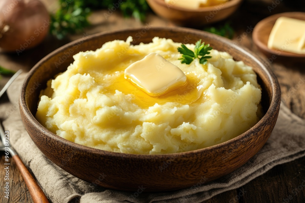 A comforting bowl of mashed potatoes with a pat of melting butter in the center A comforting bowl of mashed potatoes with a pat of melting butter in the center