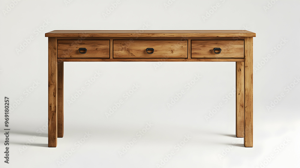 Rustic wooden console table with three drawers and black metal handles. Rustic wooden console table with three drawers and black metal handles.