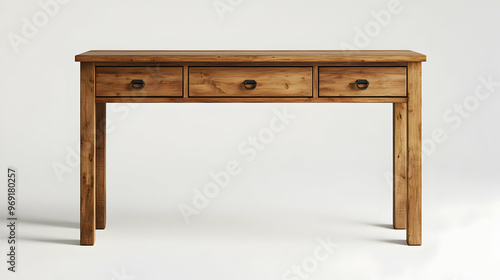 Rustic wooden console table with three drawers and black metal handles.