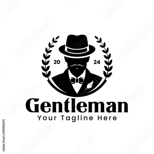 Gentleman logo vector template featuring a modern businessman in a hat and beard, perfect for vintage or luxury branding. Ideal for dark backgrounds. Emblem design for professional, stylish identity