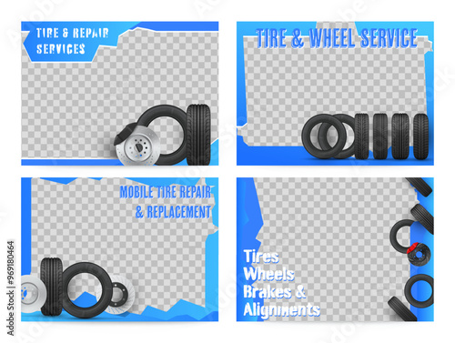 Banner templates promoting professional tire fitting and wheel service, showing different types of tires and wheel alignment for efficient vehicle operation