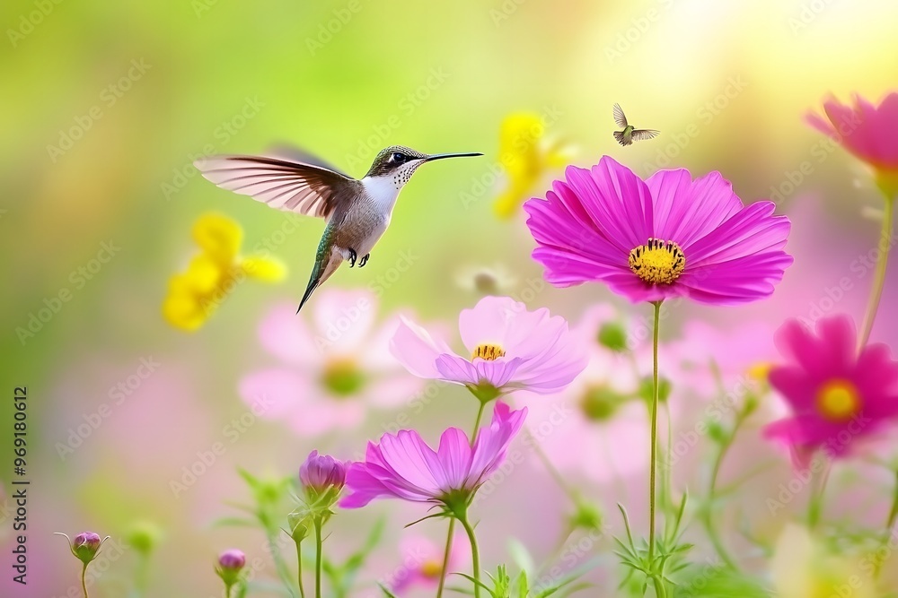 Naklejka premium Hummingbird hovering near a vibrant flower