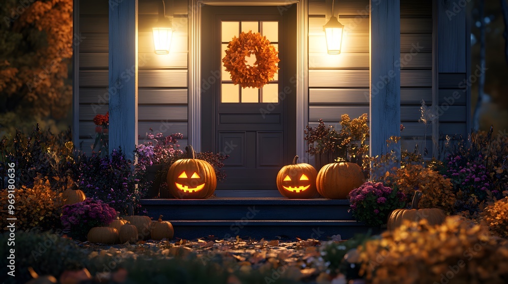 Obraz premium Halloween Porch with Jack o Lanterns and Fall Decor