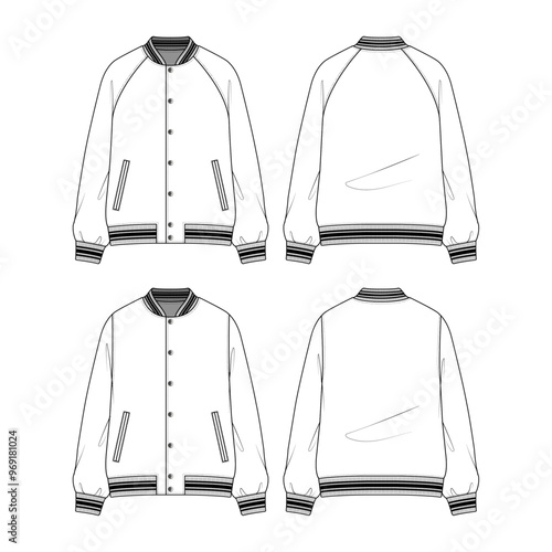 Technical sketch of the varsity jacket design template. Button down classic bomber jackets. A college or baseball jacket on a white background.