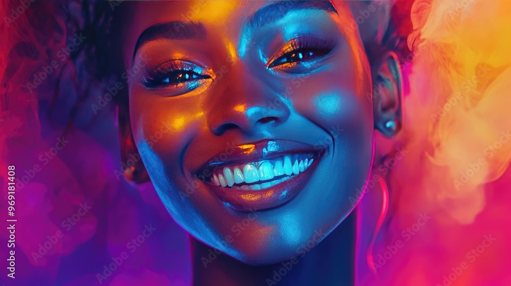 A vibrant portrait of a woman with a radiant smile and expressive eyes, captured in bright, colorful lighting to enhance her joyful and dynamic presence. A vibrant portrait of a woman with a radiant smile and expressive eyes, captured in bright, colorful lighting to enhance her joyful and dynamic presence.