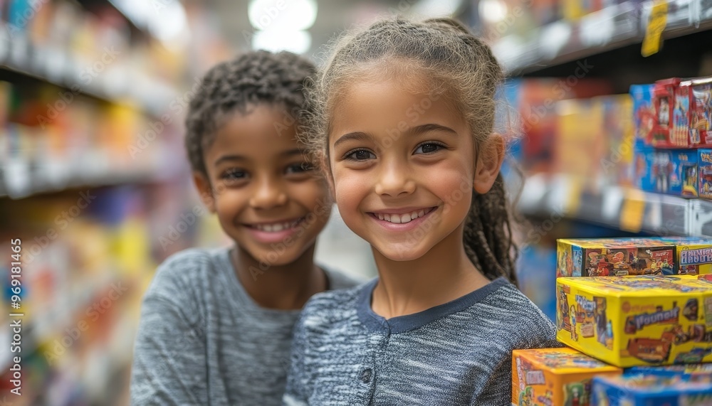 little boy and girl in children's toy store, portrait, happiness little boy and girl in children's toy store, portrait, happiness