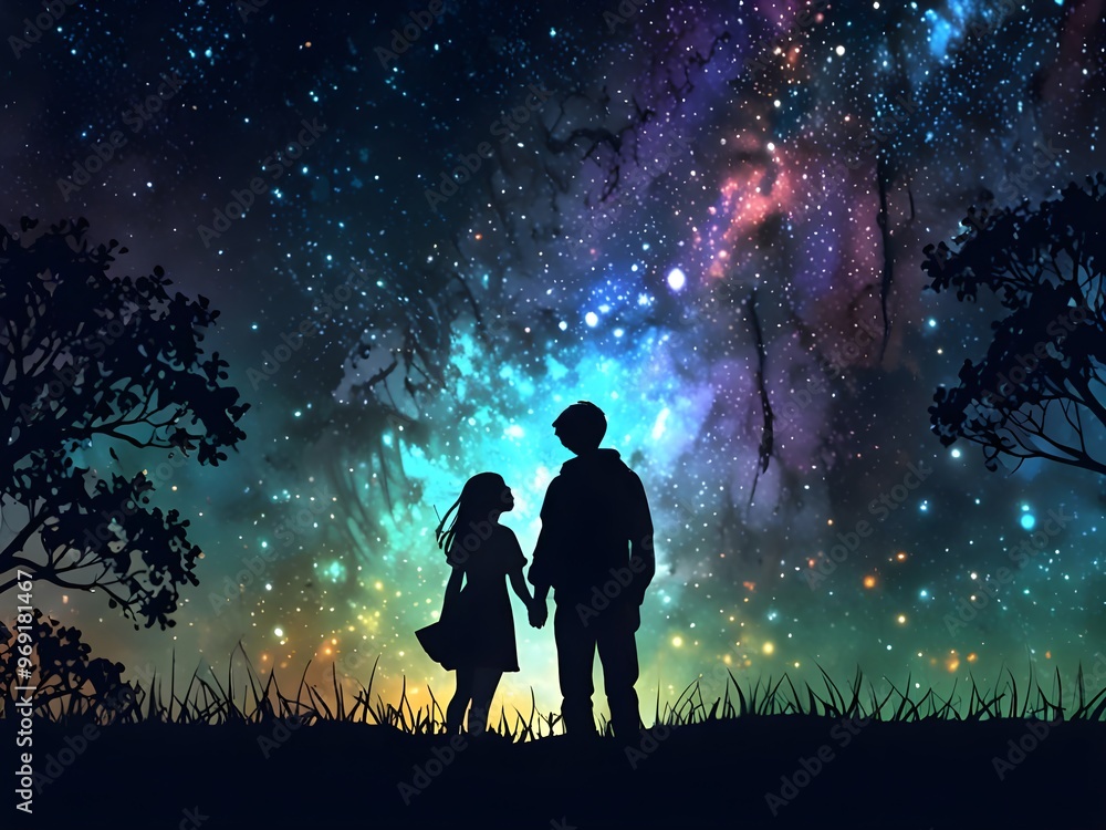 Peaceful Meadow with Couple Silhouette Peaceful Meadow with Couple Silhouette