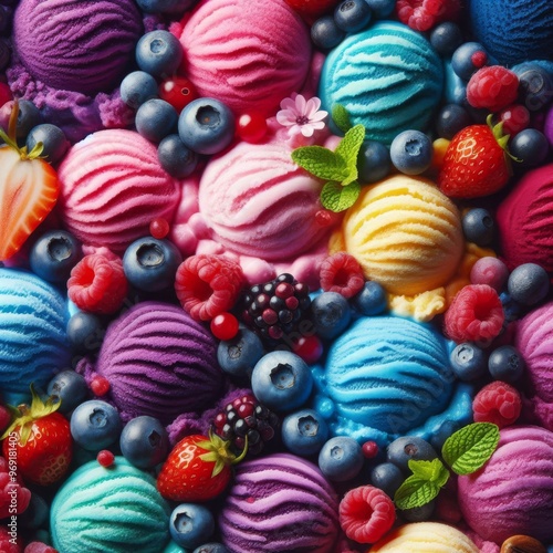 A vibrant display of colorful ice cream scoops surrounded by fresh berries including strawberries, blueberries, and raspberries. The image captures the essence of summer, sweetness, and indulgence