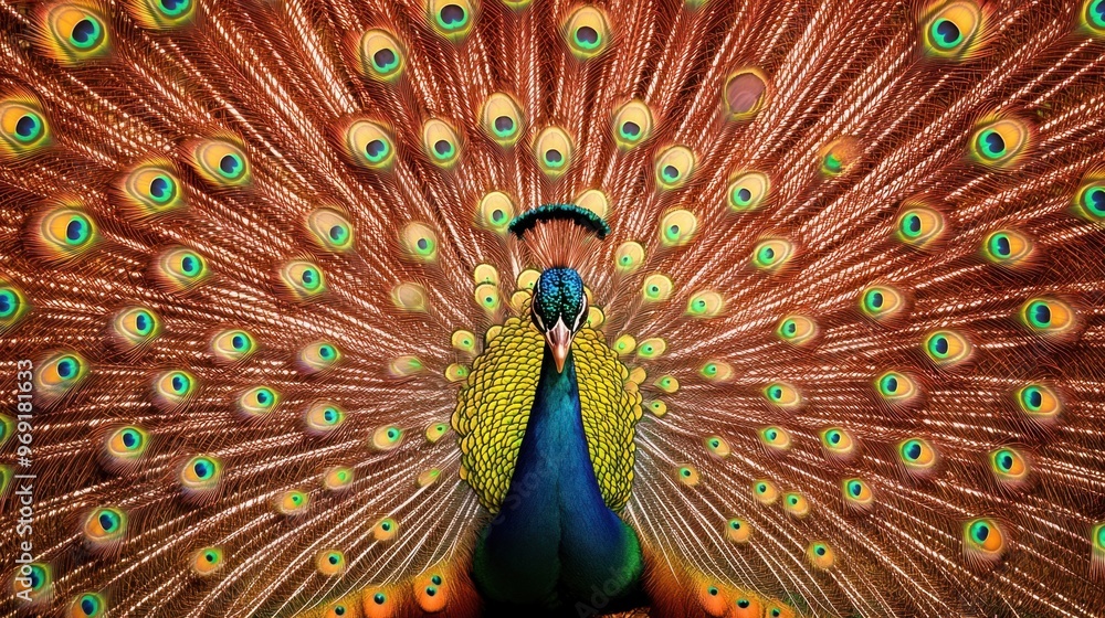 Obraz premium A close-up of a peacock tail feathers as they catch the sunlight, creating a kaleidoscope of shimmering colors.