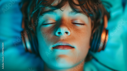 Teenager Boy Relaxing While Lying Bed Headph photo