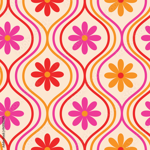 Retro Orange, red and pink flowers seamless pattern on vintage ogee oval waves on off white background. For home décor, wallpaper and fabric