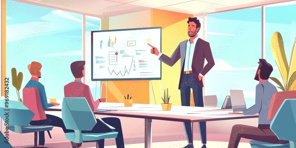 A man gives a presentation to colleagues. A man gives a presentation to colleagues.