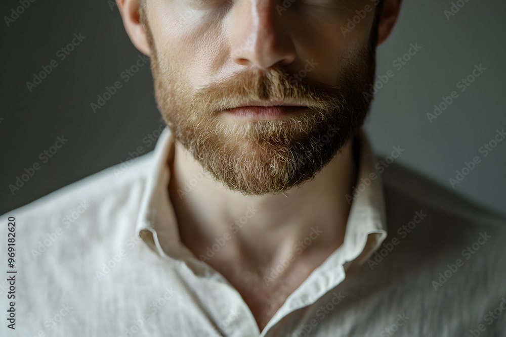 Fototapeta premium Close-up of a man with a prominent beard, wearing a stylish shirt