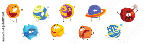 Fantastic Round Comic Planet Character with Arm and Legs Vector Set