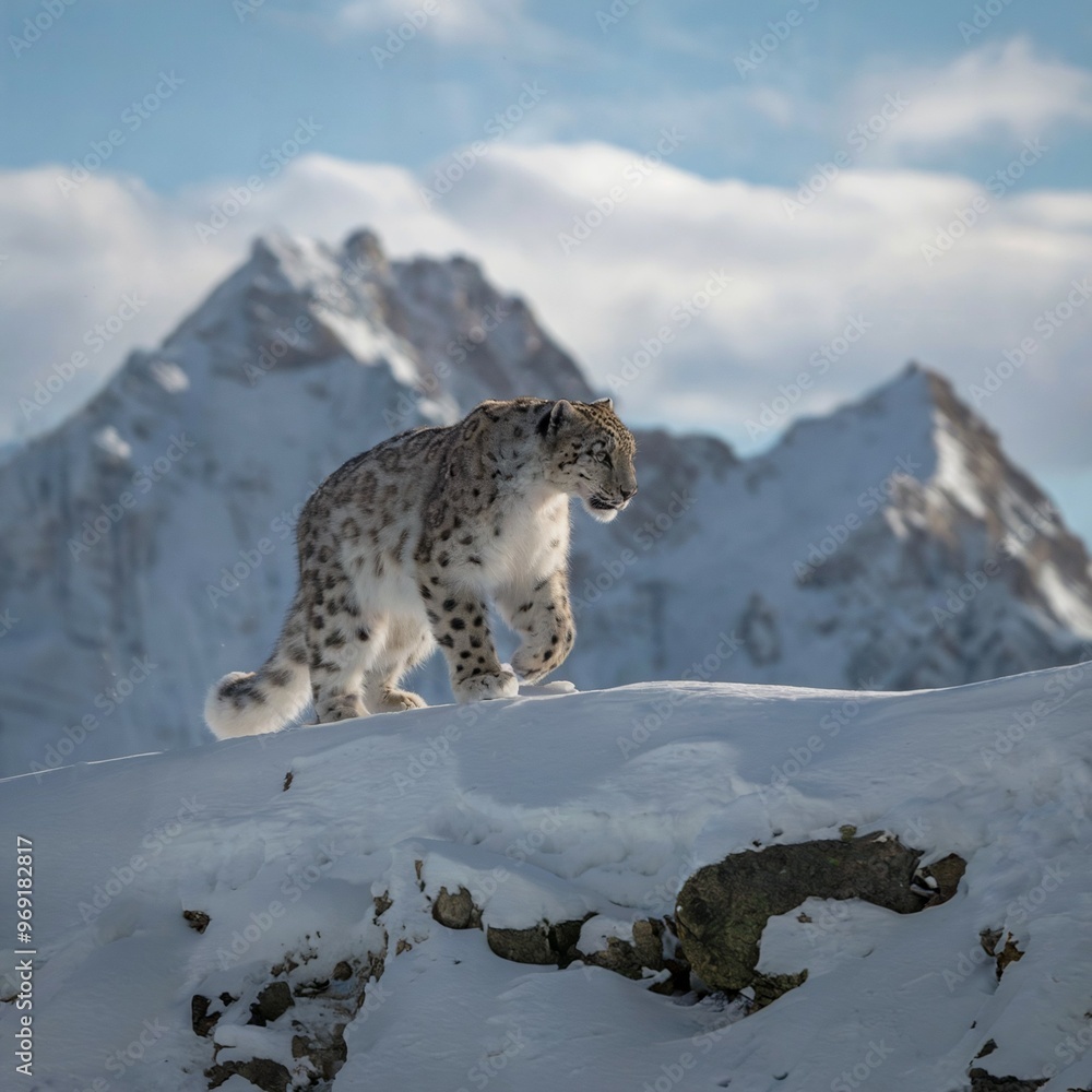 Fototapeta premium Snow Leopard Carefully Making its Way on a Snowy Mountain
