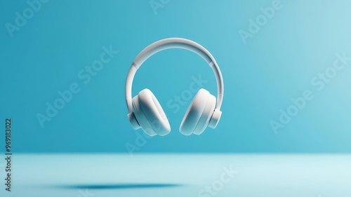 Headphones floating above a peaceful landscape, soft beats playing, relaxing mood, 3D illustration