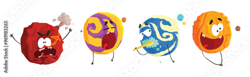 Fantastic Round Comic Planet Character with Arm and Legs Vector Set