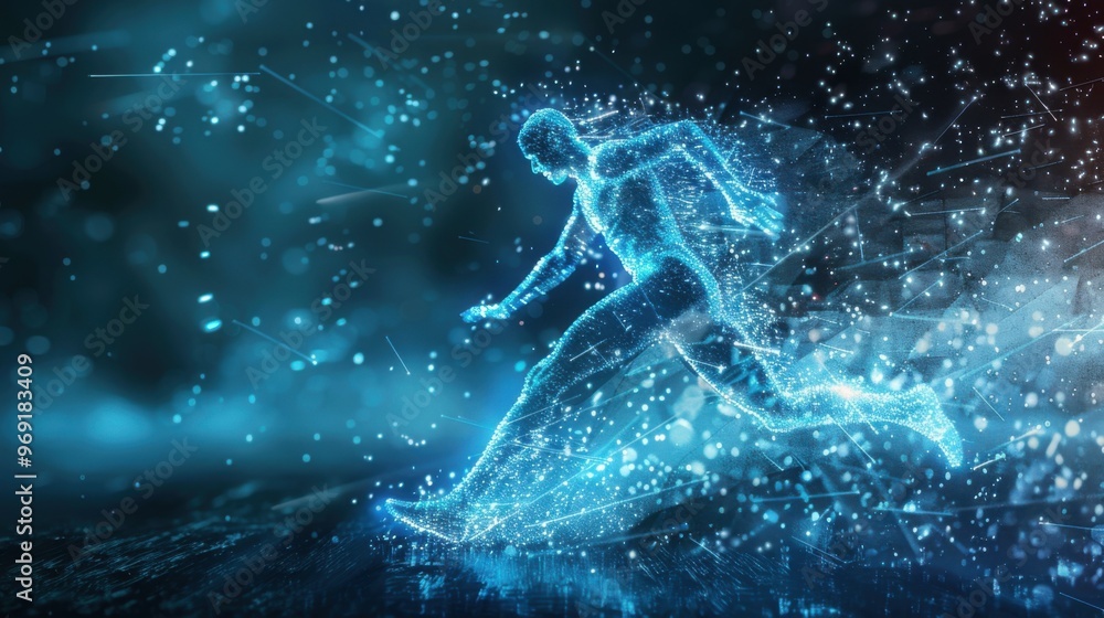 A glowing, blue digital figure sprints forward, leaving trails of light against a dark background A glowing, blue digital figure sprints forward, leaving trails of light against a dark background