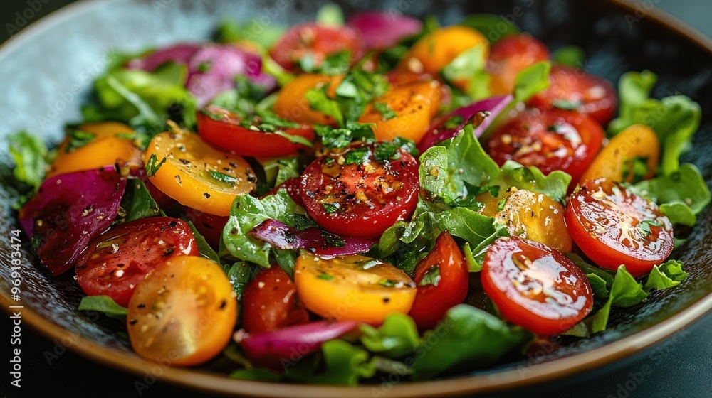 Fresh salad with assorted tomatoes and greens in a bowl. Fresh salad with assorted tomatoes and greens in a bowl.