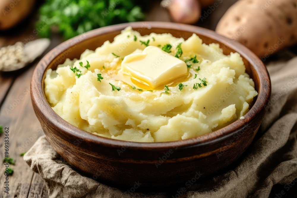 A comforting bowl of mashed potatoes with a pat of melting butter in the center A comforting bowl of mashed potatoes with a pat of melting butter in the center