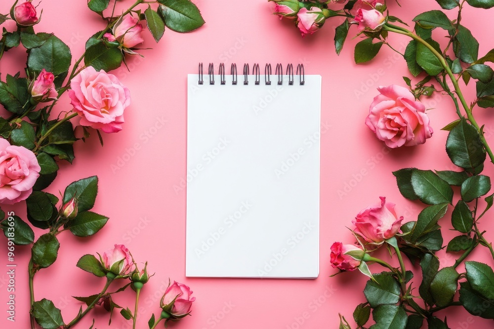 Blank notepad mockup. Rose flowers on a pink background with generative ai Blank notepad mockup. Rose flowers on a pink background with generative ai