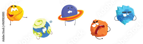Fantastic Round Comic Planet Character with Arm and Legs Vector Set