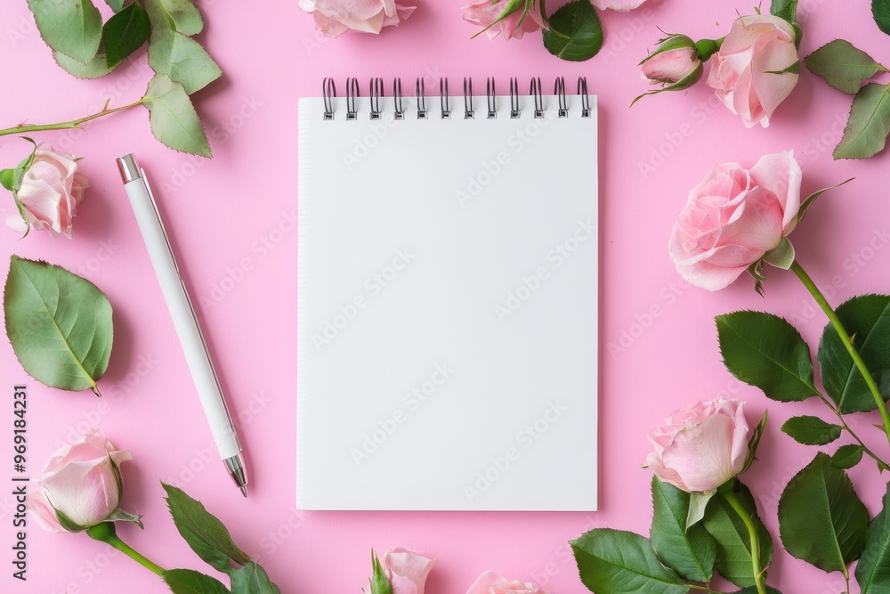 Blank notepad mockup. Rose flowers on a pink background with generative ai Blank notepad mockup. Rose flowers on a pink background with generative ai