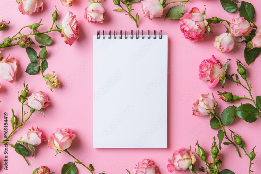 Blank notepad mockup. Rose flowers on a pink background with generative ai Blank notepad mockup. Rose flowers on a pink background with generative ai