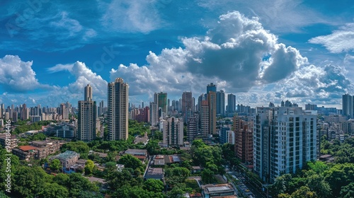 A wide-angle view of a cityscape with high-rise buildings dominating the skyline, capturing the scale and architectural diversity of the urban environment.