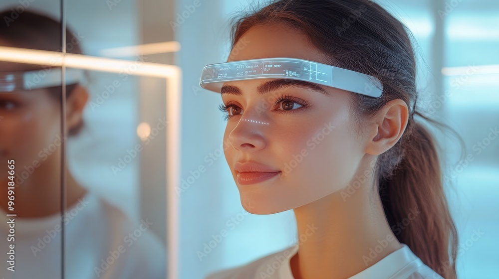 Futuristic smart mirrors providing AI-generated health and beauty recommendations Futuristic smart mirrors providing AI-generated health and beauty recommendations