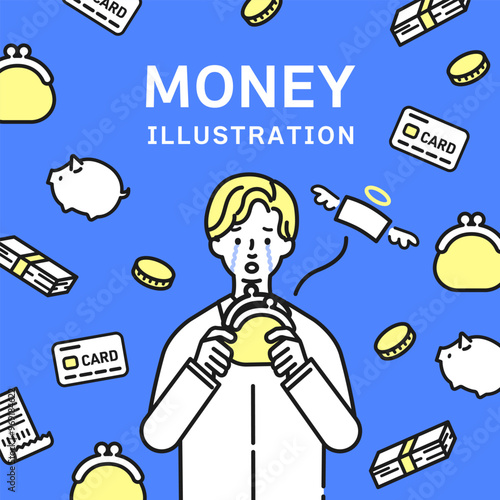 がま口財布を持って泣いてる男性とお金のアイコンセット