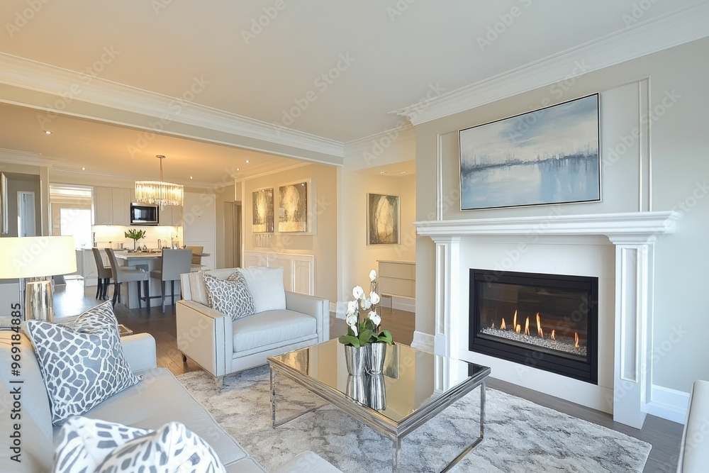 Modern living room with a fireplace, elegant decor, and natural light. Modern living room with a fireplace, elegant decor, and natural light.