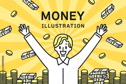 沢山のお金と目が￥になっている男性のイラスト