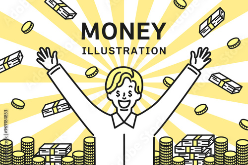 沢山のお金と目が＄になっている男性のイラスト