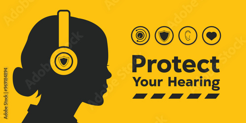 National Protect Your Hearing Month. Great for cards, banners, posters, social media and more. Yellow background.