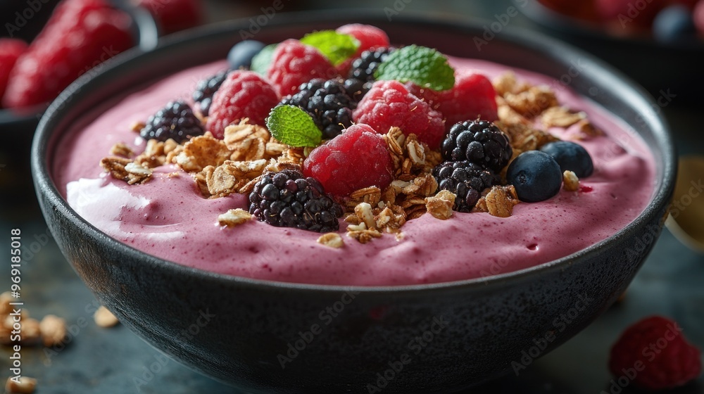 A vibrant berry yogurt bowl topped with granola and mint. A vibrant berry yogurt bowl topped with granola and mint.