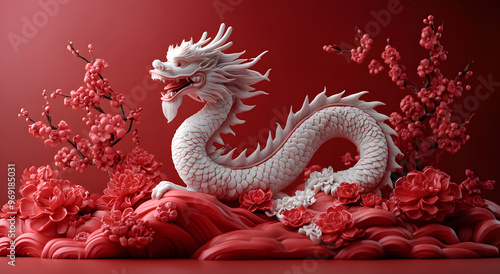 “Red Background with Dragon Decoration on the Left Side of the Frame, Featuring Traditional Chinese Design Elements and Rich Colors, Emphasizing the Cultural Significance and Artistic Flair of Dragon 